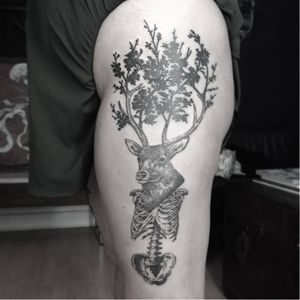 Stag tattoo by Otto D'Ambra #OttoDAmbra #surreal #engraving #blackwork #stag #skeleton #tree