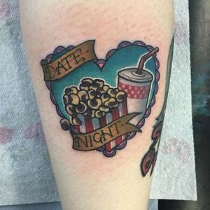 Date night love heart popcorn tattoo by Alex Rowntree. #heart #soda #popcorn #neotraditional #AlexRowntree