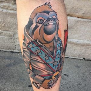 Evel Sloth Knievel by Nick Sarich (IG—nick_sarich_tattooer). #EvelKnievel #sloth #slothtattoo #slothtattoos #animaltattoos #NickSarich #2016tattooroundup