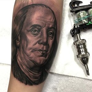 Ben Franklin tattoo by Orks #Orks #blackandgrey #portraittattoos #face #realism #realistic #BenjaminFranklin #famouspeople #eyes #whiteink #America #tattoooftheday