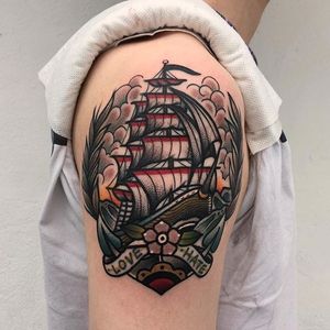 Ship tattoo by Mico. #alternative #traditionalamerican #mico #southkoreantattooartist #ship