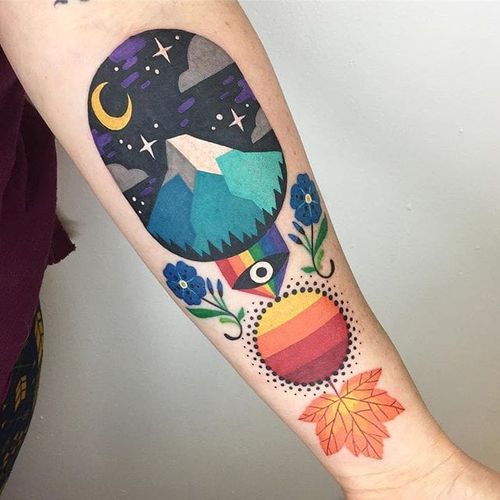 Something different by Winston The Whale @WinstonTheWhale #color #floral #flower #leaf #mountain #moon #folk #folkart #tattoooftheday