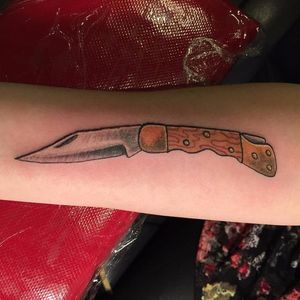 Buck Knife Tattoo, artist uknown #buckknife #knifetattoo #traditionalknifetattoo #traditionaltattoo