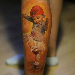 Cute dancing kid tattoo. #GienaRevess #realistic #realism #3D #photorealism #child