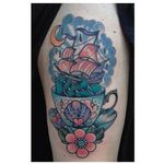 Storm in a teacup tattoo by Jody Dawber. #storminateacup #ship #storm #teacup #tea #cup #wave #girly