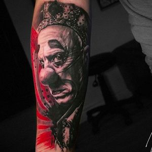 Clown tattoo by Michael Cloutier @cloutiermichael #Michaelcloutier #blackandgray #blackandgrey #blackandred #black #red #trashpolka #realism #clown