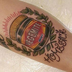 A vegemite tattoo to stop you feeling homesick. Tattoo by Steve Winter. #neotraditional #homesick #vegemite #jar #Australian #Australia  #SteveWinter