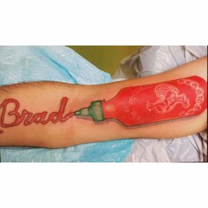 A different style of memorial tattoo by Tina Forever. #sriracha #names #memorial #TinaForever #neotraditional