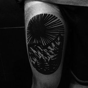 Linocut Landscape Tattoo by Eugene Nedelko #blackwork #blckwrk #linocut #linocutlandscape #landscape #print #mountain #sun #EugeneNedelko