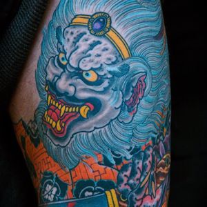 Raijin tattoo by Mike Rubendall #mikerubendall #besttattoos #color #japanese #irezumi #god #deity #thunder #storm #lightning #folklore #legend #yokai #demon #fangs #crown #sword #tattoooftheday