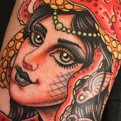 Mermaid by Danny Derrick #DannyDerrick #color #traditional #neotraditional #mermaid #face #portrait #jewelry #fins #scales #oceanlife #lady #ladyhead #pearls #tattoooftheday