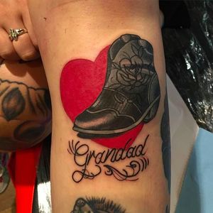 Granddad memorial Tattoo by Jody Dawber @JodyDawber #JodyDawber #JodyDawbertattoo #Jaynedoeessex #UK #granddad #granddadtattoo #boot