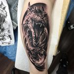 Black and grey dragon tattoo by Chris Block. #dragon #blackandgrey #realism #ChrisBlock