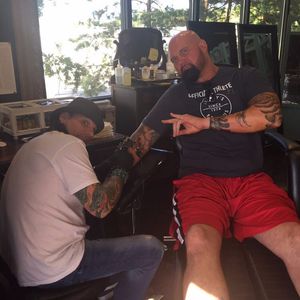 Luke Gallows getting some fresh ink at his tattoo parlor. #WWE #LukeGallows #TheClub #PaintedGypsy