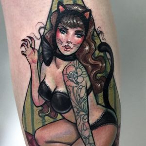 Kitty tattoo by Hannah Flowers #HannahFlowers #besttattoos #neotraditional #pinup #babe #lady #girl #bra #rose #kitty #cat #purr #catears #tail #undies #cute #color #tattoooftheday