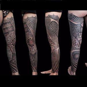 Epic leg tattoo by Eric Stricker #EricStricker #monochrome #dotwork #blackwork #geometric #ornamental
