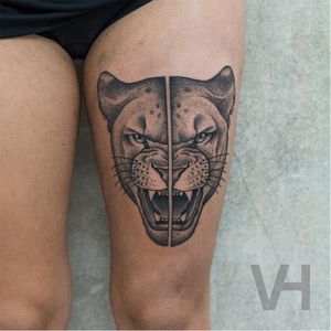 Split lioness tattoo by Valentin Hirsch #lioness #lion #split #dotwork #ValentinHirsch
