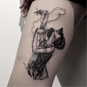 Mysterious tattoo by BK Tattooer #BKTattooer #contemporary #blackwork #graphic #skeleton
