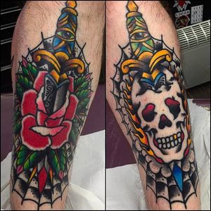 Dagger with rose and webs, dagger with skull and flames. Solid work by Simon Blay. #SimonBlay #TLCtattoo #TraditionalLondonClan #boldtattoos #dagger #skull #rose