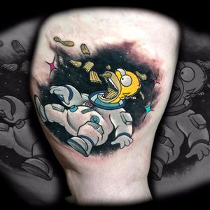 Homer eating chips by Dan Mawdsley #DanMawdsley #color #newtraditional #newschool #cartoon #thesimpsons #homersimpson #homer #potatochips #pace #spacesuit #astronaut #galaxy #stars #tvshow #tattoooftheday