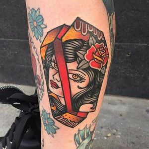 Neotraditional coffin tattoo by Kati Vaughn. #coffin #death #dark #neotraditional
