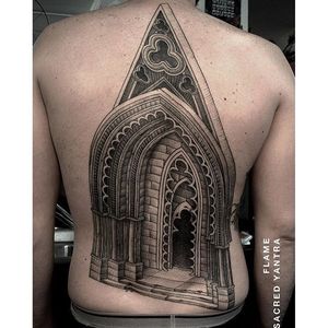 Entrance arc tattoo by Flame of Sacred Yantra Tattoo. #architecture #dotwork #arc #architecturetattoo #Flame #SacredYantraTattoo