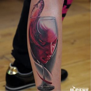 Superb wine tattoo by Evgeniy Goryachiy aka U-Gene #EvgeniyGoryachiy #UGene #realistic #wineglass #wine