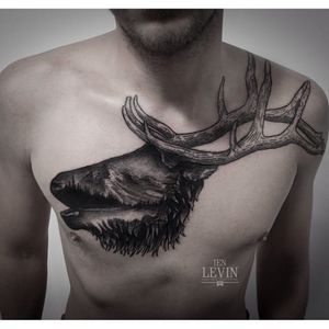 Stag and landscape tattoo by Ien Levin #blackwork #blckwrk #landscape #stag #stagtattoo #deer #deertattoo #antlers #chestpiece #IenLevin