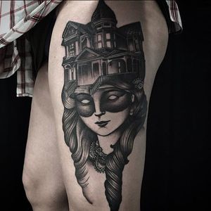 House tattoo by Tyler Allen Kolvenbach. #TylerAllenKolvenbach #woman #portrait #house #home #architecture #blackwork #mask