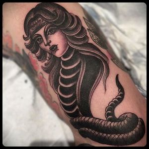 Snake Lady Tattoo by Marie Sena #Mariesena #Electriceye #Dallas #Texas #Black #Traditional #Lady #Girl #Snake #blackwork