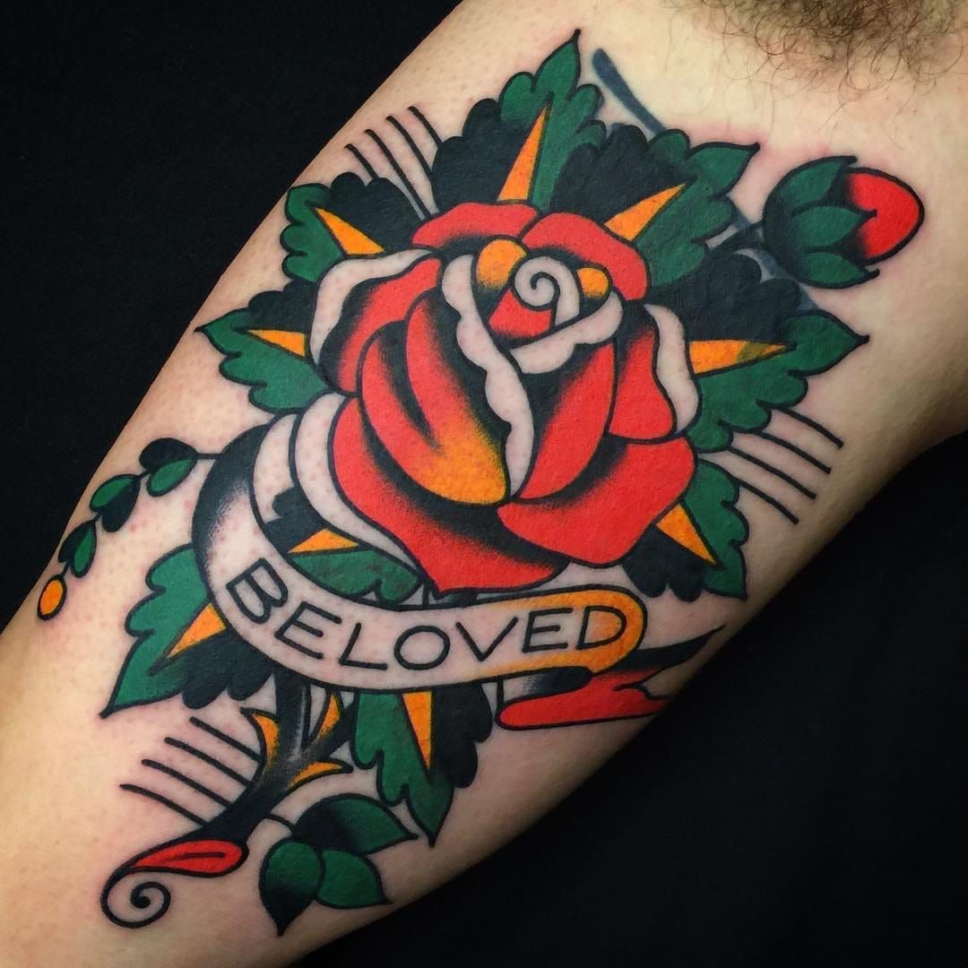 Traditional Banner Rose Tattoo by Chris Cockrill  Remington Tattoo Parlor