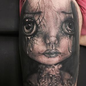 Dark doll tattoo #SandryRiffard #blackandgrey #realism #realistic #doll