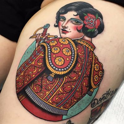 The Lady Matador by Xam the Spaniard #XamtheSpaniard #traditional #neotraditional #matador #pearls #portrait #rose #sword #lady #pinup #color #tattoooftheday