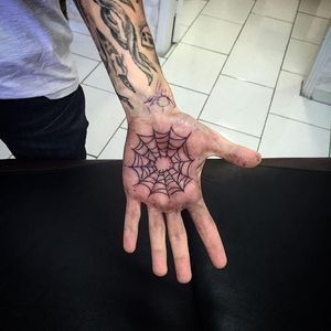 Spider Web Tattoo by Gustavo Nardini #spiderweb #hand #traditional #GustavoNardini
