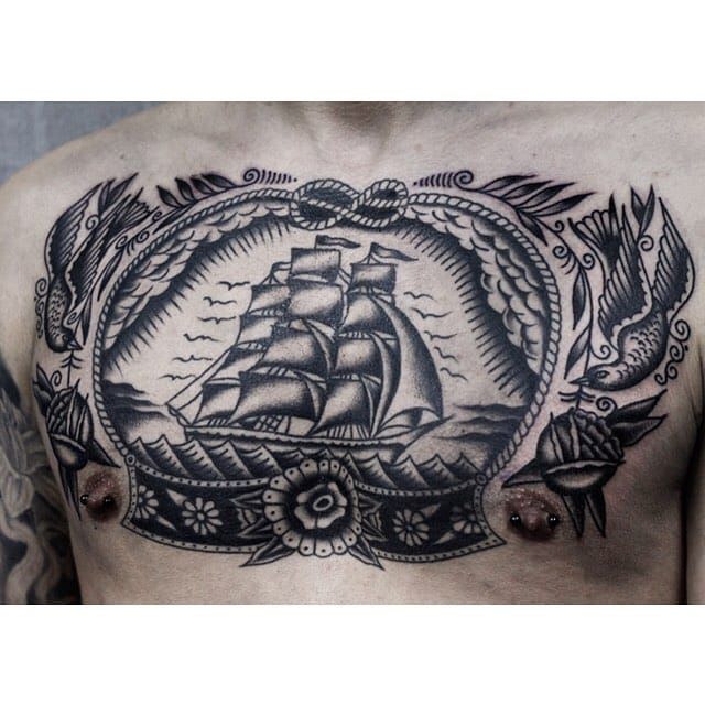 Traditional Eagle Ship Flag Chest Tattoo by Krooked Ken at  Flickr