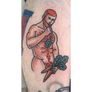 Big boy pin up tattoo by Jamie August. #JamieAugust #pinup #bigboypinup #man #pinupman #ginger #redhead #trad #traditional #traditionalamerican