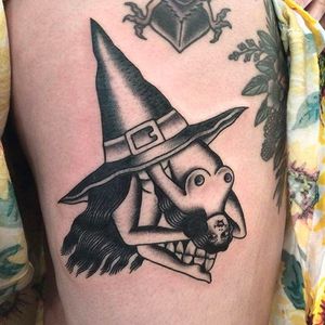 Witch head and pin up morph, tattoo by Anem. #Anem #traditionaltattoo #girl #girltattoo #witch #traditional #traditionalgirl