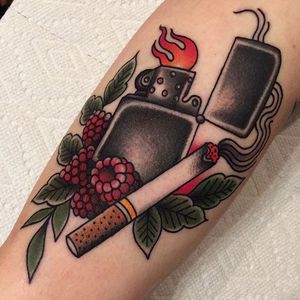 A zippo, cigarette, and a few raspberries by Becca Genné-Bacon (IG—beccagennebacon). #bangers #BeccaGennéBacon #cigarettes #traditional #raspberries #zippo
