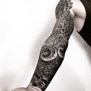 Biomech tattoo sleeves by Jessi Manchester. #JessiManchester #biomech #blackwork #sleeve #blackandwhite