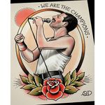 Freddie Mercury flash painting by Quyen Dinh. #QuyenDinh #parlortattooprint #flash #tattooflash #paintings #flashpaintings #traditional #popculture #artist #singer #freddiemercury #icon #musician #FlashFriday