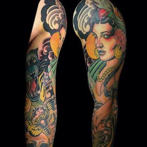 Neo traditional lady and animal sleeve by Justin Acca. #neotraditional #JustinAcca #lady #woman #sleeve #animals #moth #skull
