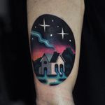 Surrealist house tattoo by David Peyote #DavidPeyote #cooltattoos #color #newtraditional #surreal #stars #landscape #sky #nightsky #house #building #trees #forest #smoke #water #waterfall #tattoooftheday