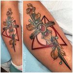 Harry Potter tattoo by Jessica White. #JessicaWhite #jawtattoos #neotraditional #harrypotter #hp #book #movie #deathlyhallows #sword