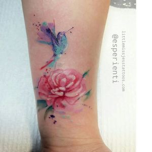 Watercolor bird and flower tattoo by Jess Hannigan #JessHannigan #bird #flower #watercolor #pastel