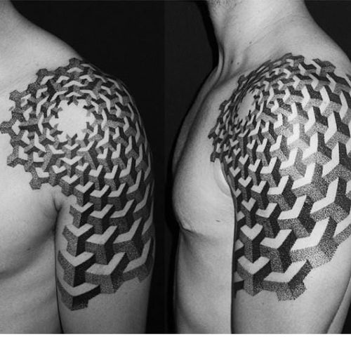 M.C. Escher inspired tattoo by Chisaki #Chisaki #escher #geometric #art #dotwork