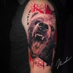 Bear tattoo by Michael Cloutier @cloutiermichael #Michaelcloutier #blackandgray #blackandgrey #blackandred #black #red #trashpolka #realism #bear