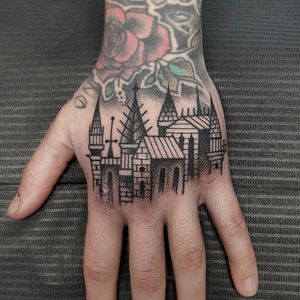 Small cityscape by Antoine Gaumont #antoinegaumont #blackwork #blackandgrey #linework #dotwork #castles #spires #architecture #buildings #towers #landscape #cityscape #tattoooftheday