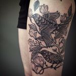 Birds in a tree tattoo by Kerry Burke #KerryBurke #blackwork #blacktattoo #darkartists #blackbotanists #botanicaltattoo #flowertattoo #vintageflowers #vintagebotanical #dotwork