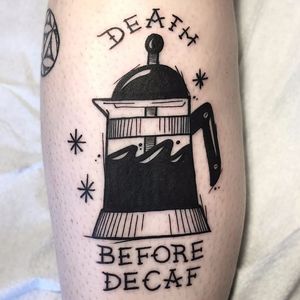 Barista-insipired tattoo by David Bown. #blackwork #coffee #barista #caffeine #coffeelover #coffeepot