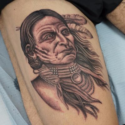 Nothing says strength like this warrior by Ruby May Quilter #rubymayquilter #blackandgrey #oldschool #illustrative #portrait #feathers #jewelry #beads #warrior #NativeAmerican #tattoooftheday